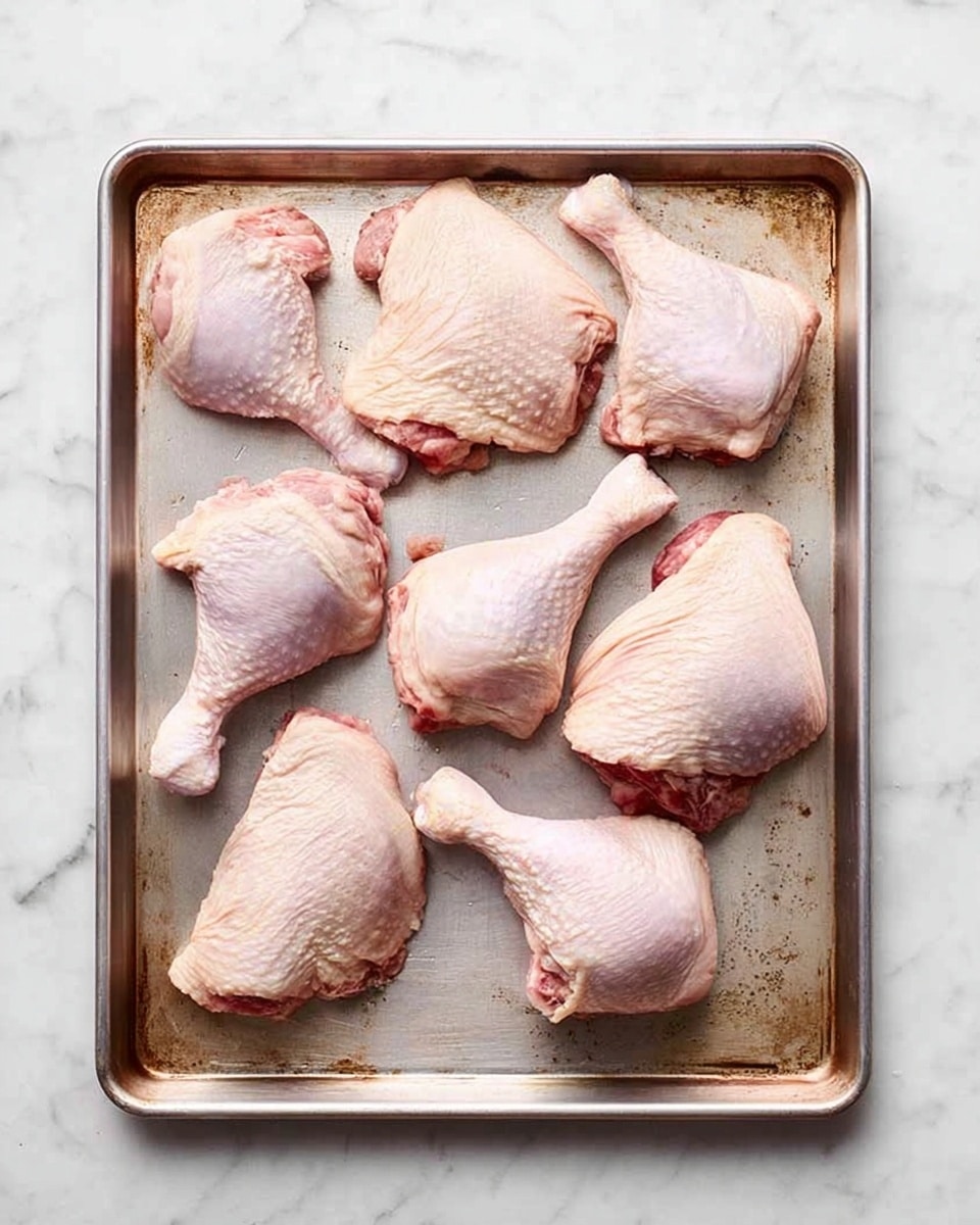 A metal baking tray with seven raw chicken pieces arranged unevenly on it. The chicken pieces show pale pink skin with slight texture and some parts of red flesh visible. The tray has some brown spots from previous use and rests on a white marbled surface. photo taken with an iphone --ar 4:5 --v 7