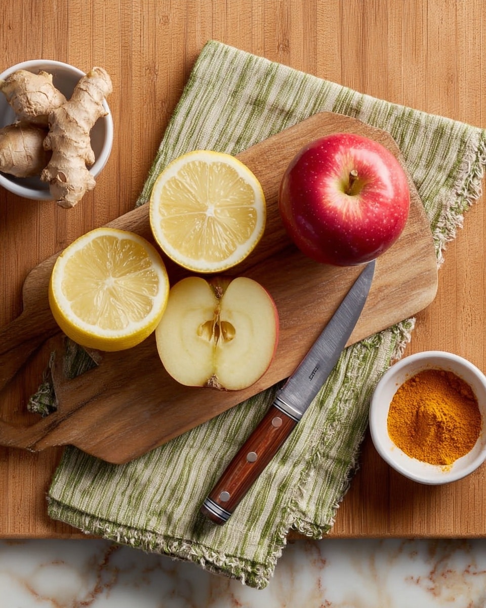 The image shows a wooden cutting board on top of a green striped cloth, placed on a wooden table. On the board, there are two lemon halves with a yellow peel and pale yellow inside. A knife with a wooden handle and silver blade rests diagonally on the board. Nearby, a whole red apple and two apple halves face upward, revealing seeds inside. To the left, a small white bowl holds light brown ginger root, and to the right, a small white bowl contains bright orange powder. The scene is set on a white marbled surface. photo taken with an iphone --ar 4:5 --v 7