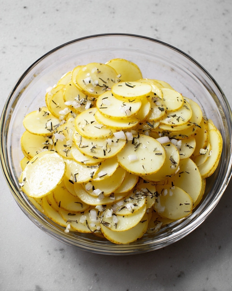 A clear glass bowl filled with many thin slices of yellow potato layered loosely inside. The potato slices show their yellow flesh and some peel along the edges. Scattered over and mixed in with the potato slices are small pieces of white onion and dark green dried herbs, adding texture and specks of color. The bowl sits on a white marbled surface. photo taken with an iphone --ar 4:5 --v 7