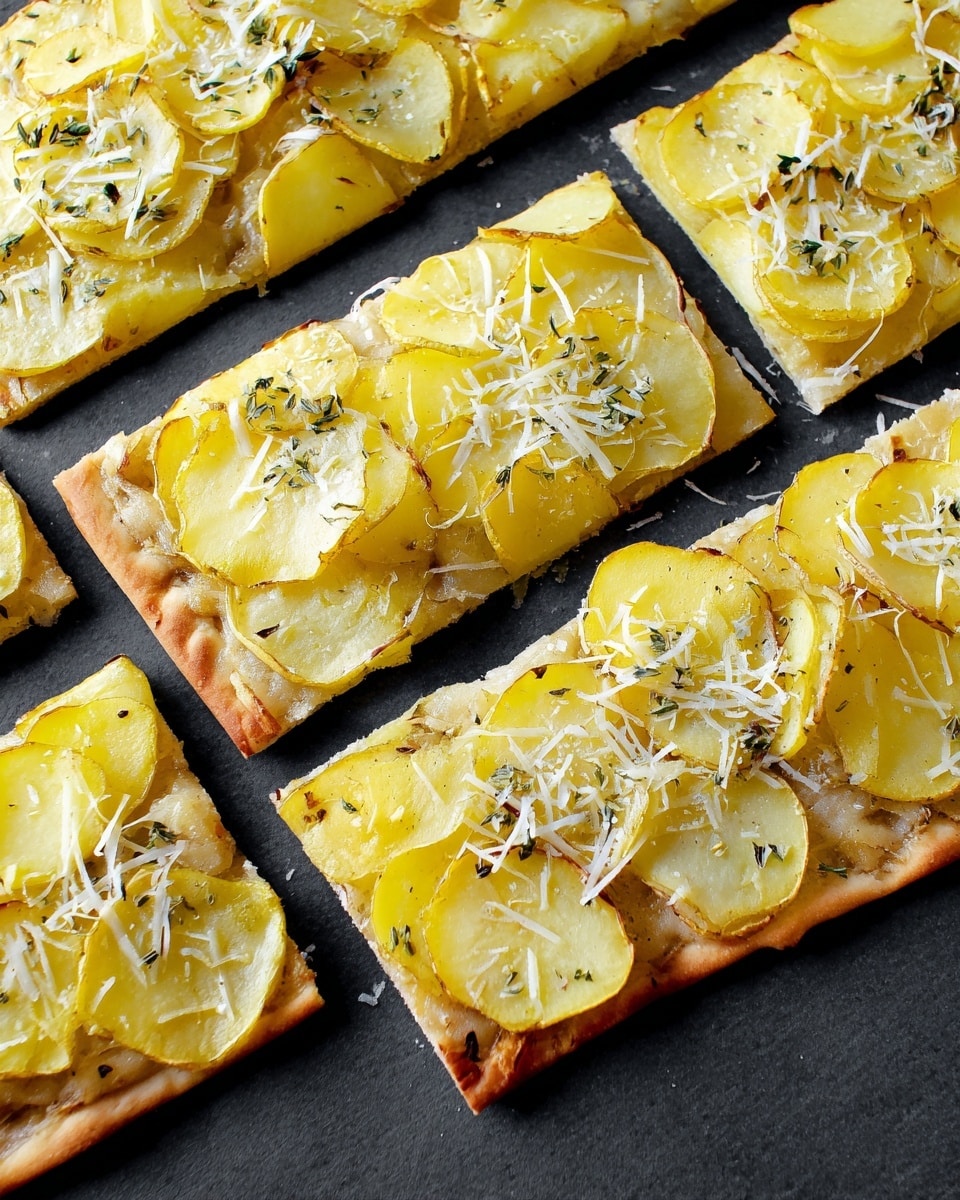 Several rectangular slices of flatbread are arranged on a dark surface, each slice topped with thin, yellowish potato slices layered flat across the surface. The potatoes have slightly browned edges, and there is a scattering of white shredded cheese sprinkled evenly on top. Small green herb flakes are visible over the potatoes and cheese, adding texture and color contrast to the yellow and white layers. The flatbread base is thin and golden-brown, with some parts showing light crispiness along the edges. Photo taken with an iphone --ar 4:5 --v 7