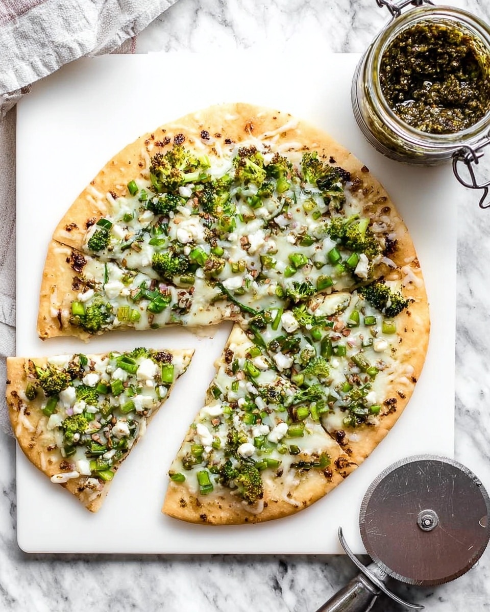 A round flatbread pizza with a thin golden brown crust sits on a white cutting board, topped evenly with melted white cheese, small chopped green vegetables that look like broccoli or peas, and scattered small white cheese pieces. The pizza is cut into three slices, with one slice slightly separated from the whole. To the right of the board is a silver pizza cutter and a jar with a dark green pesto-like sauce inside. The background is a white marbled surface. Photo taken with an iphone --ar 4:5 --v 7