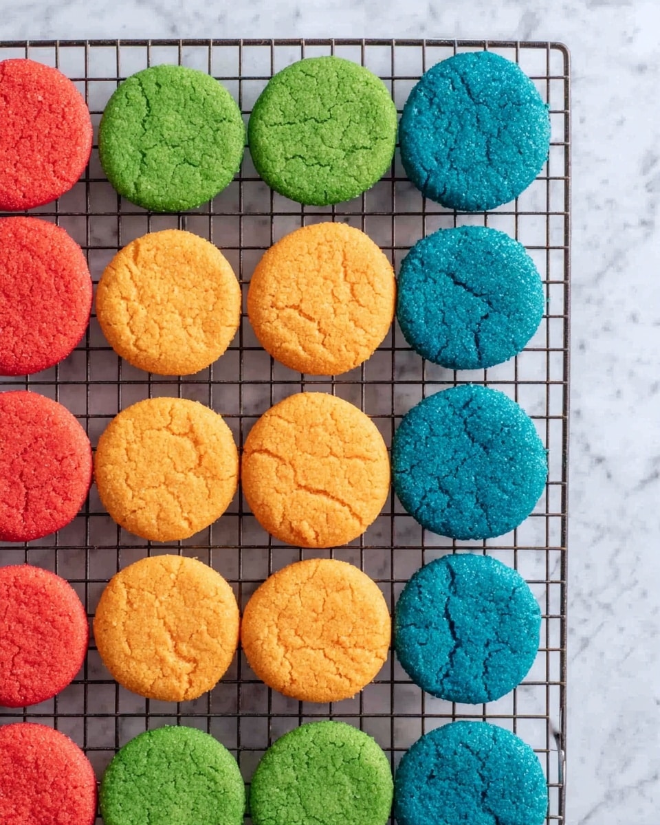 The image shows a cooling rack filled with 20 round cookies arranged in a 5 by 4 grid. The cookies are brightly colored in four rows by color: green, red, orange, and blue. Each cookie is uniformly thick and has a rough texture on top, showing a slightly cracked surface. The cooling rack sits on a white marbled surface. photo taken with an iphone --ar 4:5 --v 7