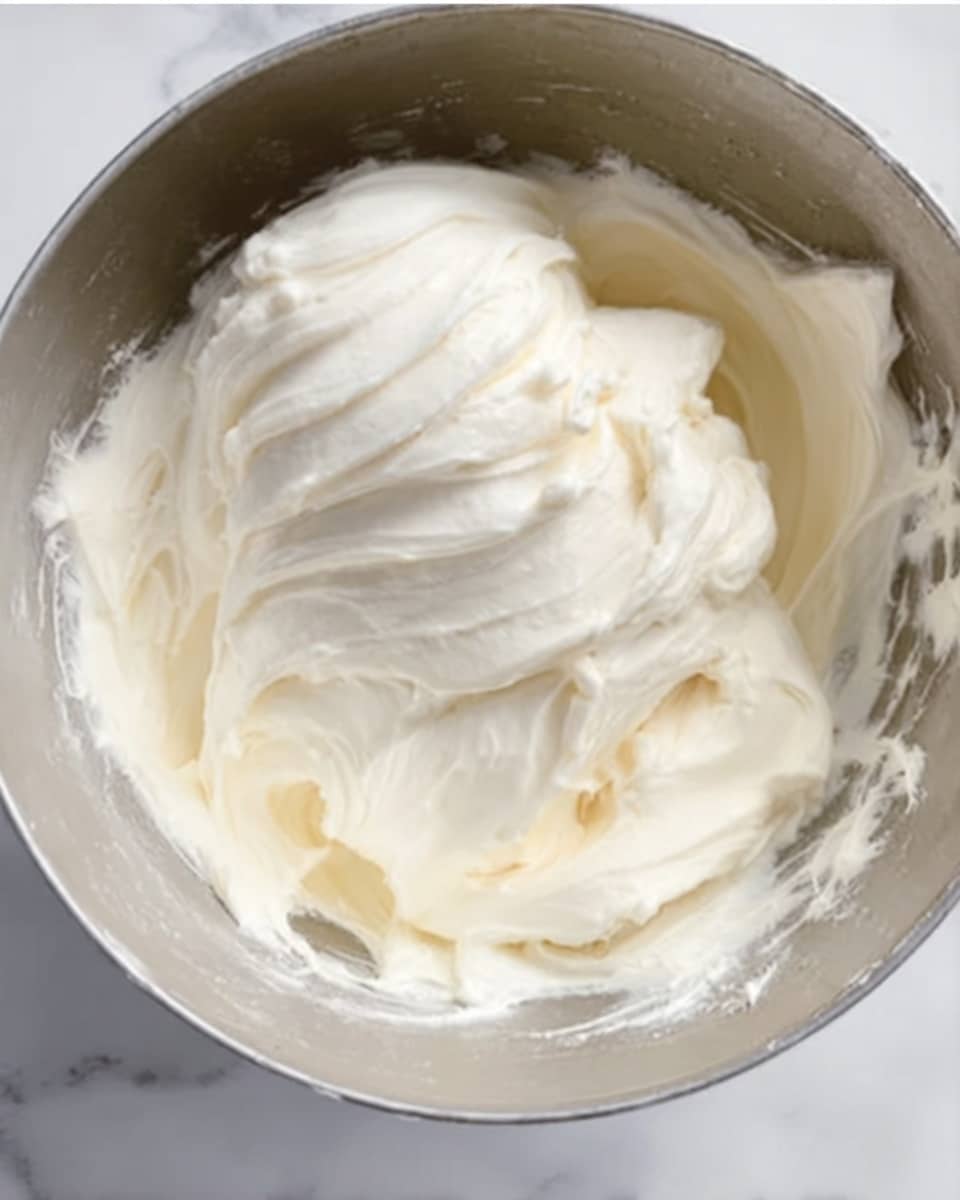 A close-up view of a metal bowl containing a creamy, thick white spread with smooth, swirled texture. The spread fills most of the bowl, showing soft peaks and gentle folds that catch the light, emphasizing its softness. The bowl sits on a white marbled surface. Photo taken with an iphone --ar 4:5 --v 7