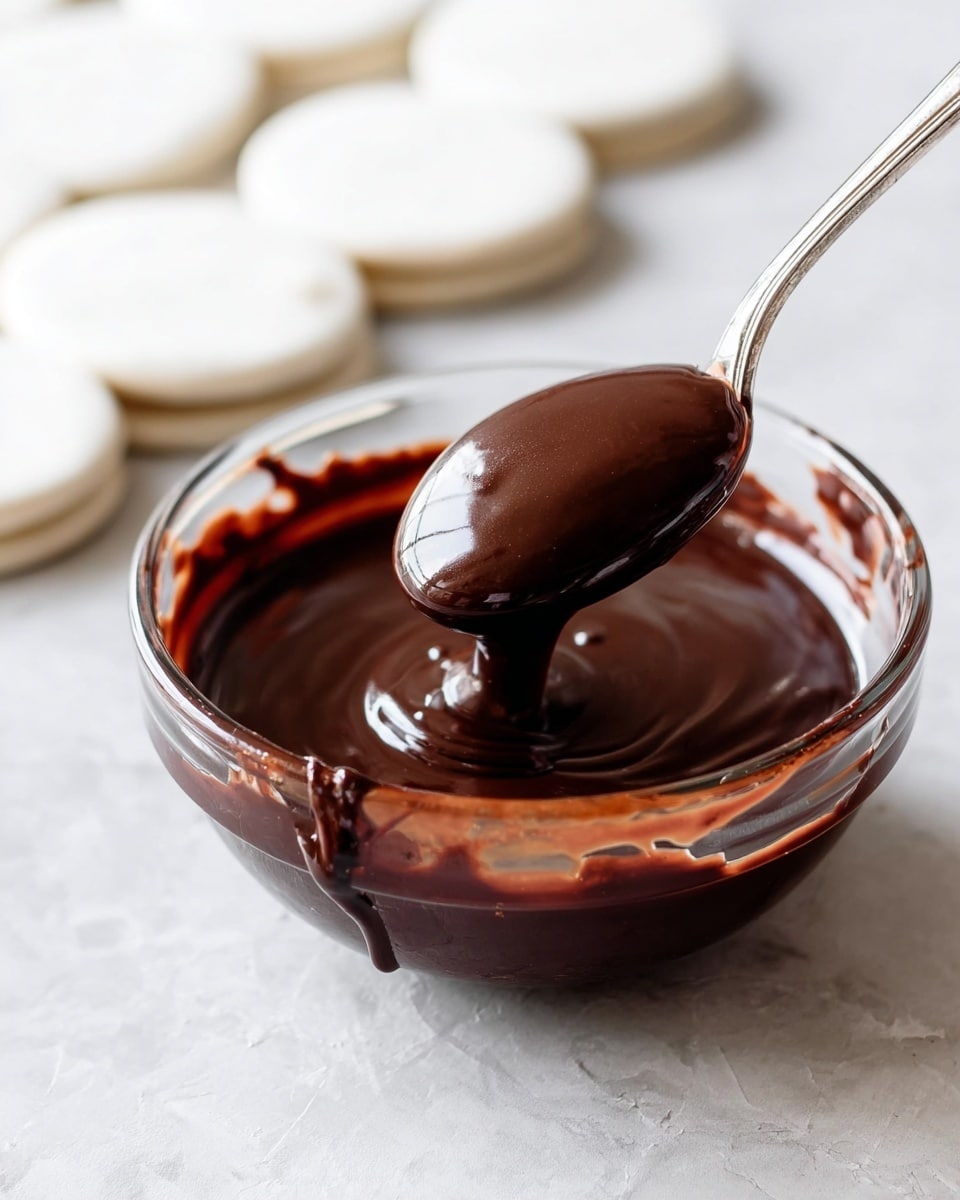 A clear glass bowl filled with smooth, shiny dark brown chocolate sauce, with some chocolate smeared on the inside edge of the bowl. A silver spoon inside the bowl holds a rounded scoop of the thick chocolate sauce, lifted slightly above the bowl. The background shows a white marbled texture and blurred white circular shapes in the distance. The lighting is soft and bright, making the chocolate look rich and glossy. photo taken with an iphone --ar 4:5 --v 7