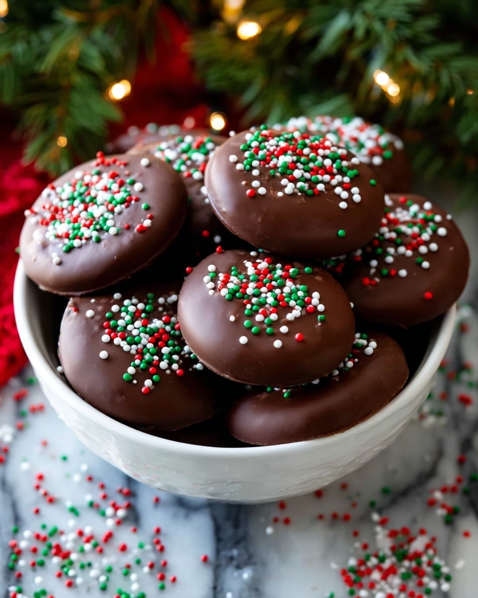 A white bowl filled with round chocolate-covered cookies, each cookie having a smooth, dark brown chocolate layer on top. The cookies are decorated with small red, white, and green round sprinkles scattered evenly across the top surface. The bowl sits on a white marbled surface with additional red, white, and green sprinkles scattered around it. In the background, there is blurred green foliage and Christmas lights, adding a festive feel. photo taken with an iphone --ar 4:5 --v 7