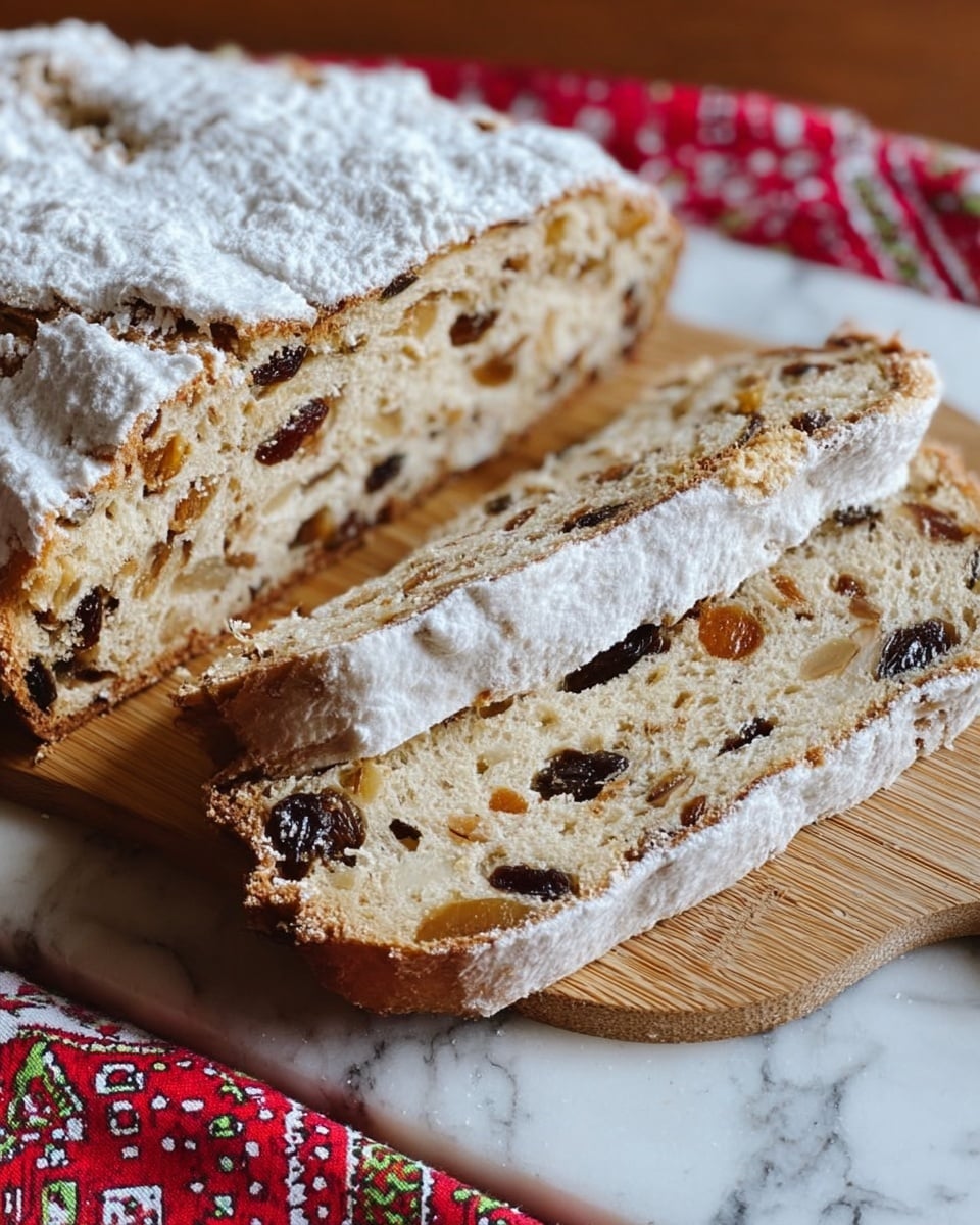 The image shows two thick slices of fruit bread on a light brown wooden board, placed on a white marbled surface with a red patterned cloth partially visible on the side; the bread has a golden crust covered with a white powdery layer, and inside, the bread is light beige with many dark dried fruits and lighter pieces of nuts spread throughout, showing a soft and slightly crumbly texture. Photo taken with an iphone --ar 4:5 --v 7