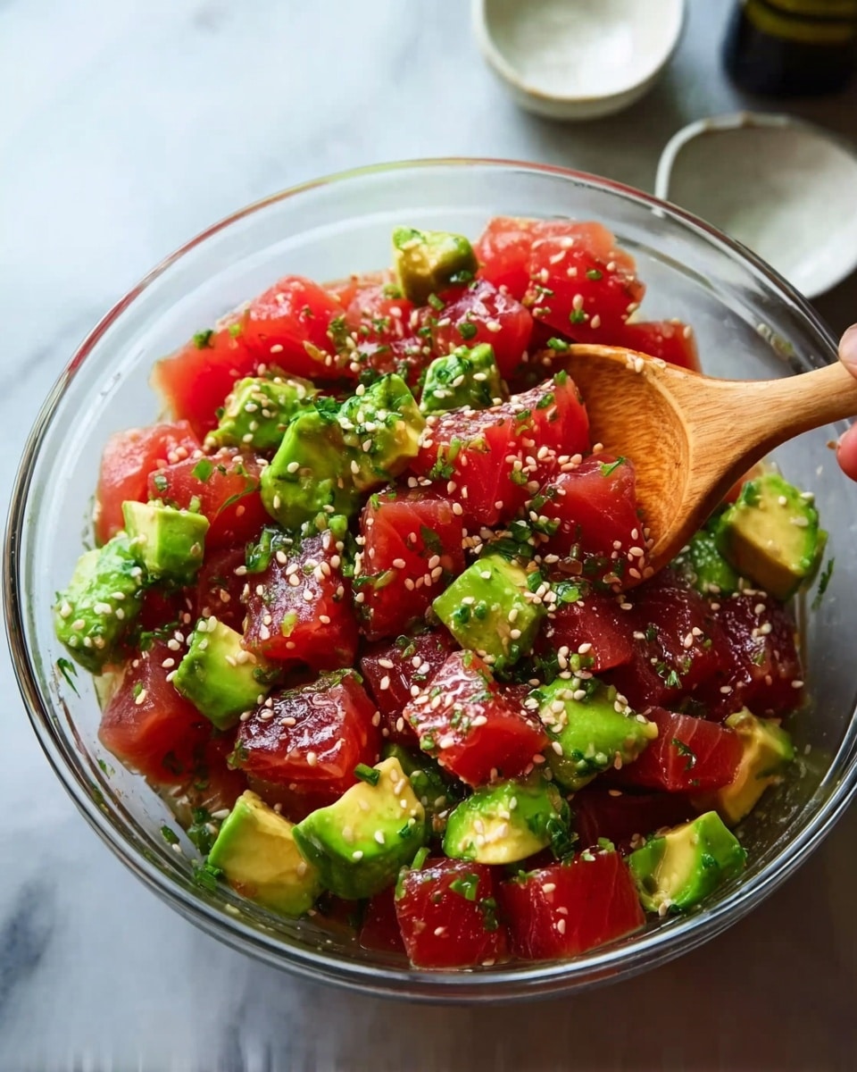 The image shows a clear glass bowl filled with bright red cubes of raw fish and bright green cubes of avocado mixed together. The fish pieces are glossy and textured, and there are sprinkled white sesame seeds and small bits of green herbs on top. A woman's hand is holding a wooden spoon resting inside the bowl, stirring the mixture. Behind the bowl, some blurred small white bowls and a bottle can be seen. The background is a white marbled texture. photo taken with an iphone --ar 4:5 --v 7