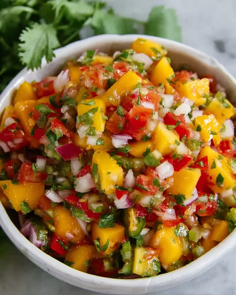 The image shows a white bowl filled with colorful salsa made of many small chopped pieces. The salsa has bright yellow mango chunks, red tomato pieces, small green bits of jalapeño, white onion cubes, and tiny red pepper pieces, all mixed well. Some green herbs are scattered inside, adding freshness. A few cilantro leaves are placed next to the bowl for decoration. The bowl is placed on a white marbled surface. photo taken with an iphone --ar 4:5 --v 7