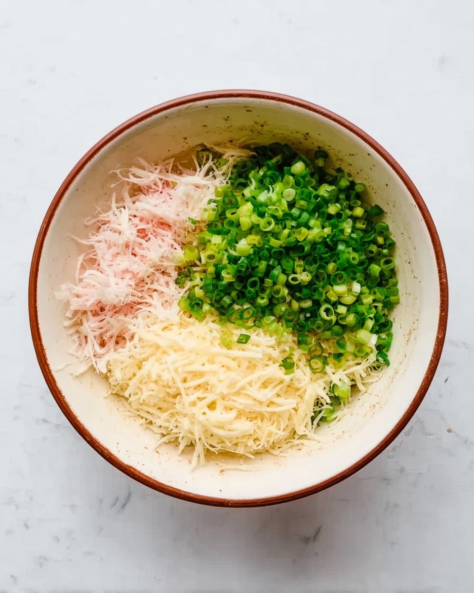 A white bowl with a brown rim sits on a white marbled surface, filled with three main layers of ingredients. On the left side is a layer of finely shredded light pink pieces. On the right side is a mound of chopped bright green spring onions, with small circular shapes and vivid color. Below both these layers is a pile of pale yellow shredded cheese, soft and stringy in texture. The bowl is viewed from above, showing all ingredients neatly separated within the bowl. Photo taken with an iphone --ar 4:5 --v 7