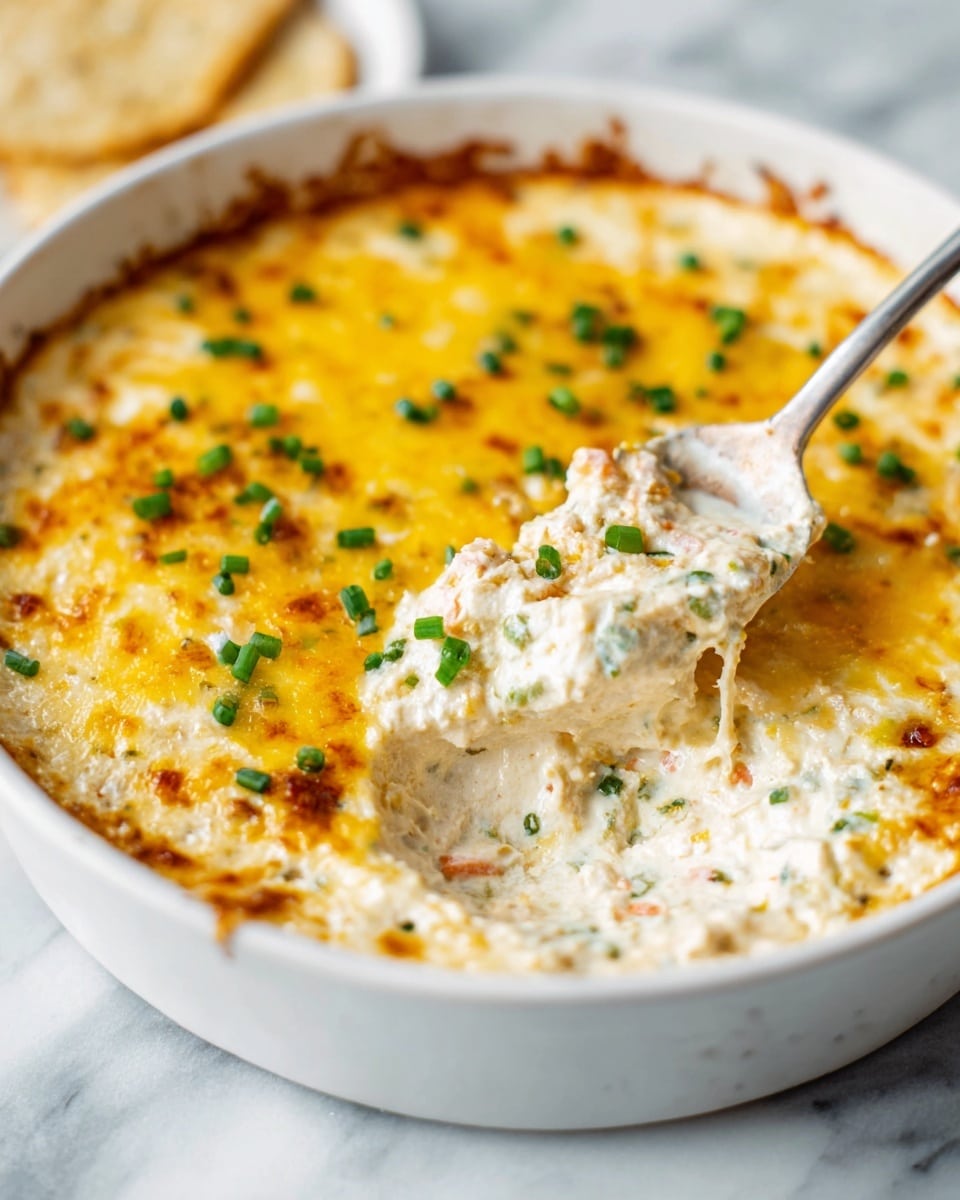 A white round dish holds a creamy dip with two visible layers: a thick, bubbly, golden-yellow melted cheese layer on top sprinkled with small pieces of green chives, and beneath it, a creamy, textured white layer mixed with tiny bits of vegetables and herbs. A spoon is scooping some of the creamy mixture from the bottom layer in the dish, showing the contrast between the soft cheese and creamy dip below. The dish sits on a white marbled surface. Photo taken with an iphone --ar 4:5 --v 7