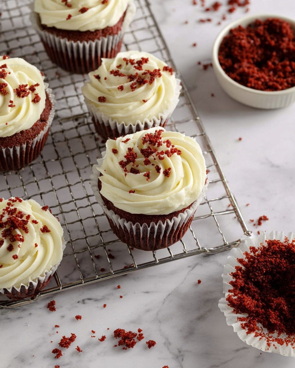The image shows several red velvet cupcakes topped with swirls of creamy white frosting that have a fluffy texture. Each cupcake is decorated with small red velvet crumbs scattered on top of the frosting. The cupcakes sit on a metal cooling rack placed on a white marbled surface. There is a white bowl filled with red velvet crumbs nearby, along with some crumbs scattered around the surface. The overall look is clean and inviting with bright contrasts between the red cake crumbs and white frosting. Photo taken with an iphone --ar 4:5 --v 7