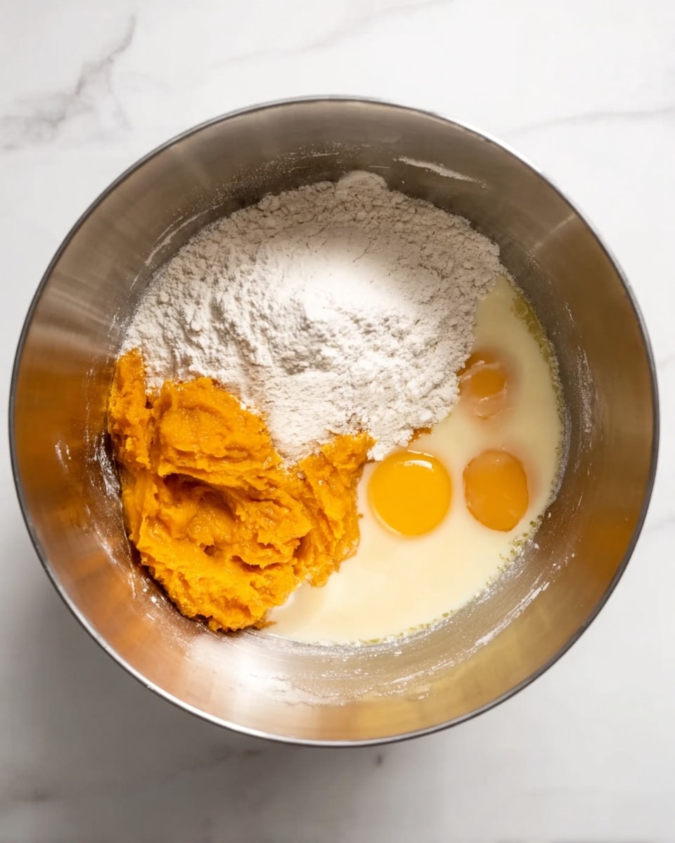 A shiny silver mixing bowl sits on a white marbled surface, holding several ingredients before mixing. Inside the bowl, there is a pile of white flour on the left side, a raw yellow egg with its yolk intact on the bottom right, some thick orange pumpkin puree near the top center, and a pale liquid that looks like milk or cream filling the spaces between. The ingredients are unmixed and clearly visible, with soft shadows highlighting the different textures and colors. photo taken with an iphone --ar 4:5 --v 7