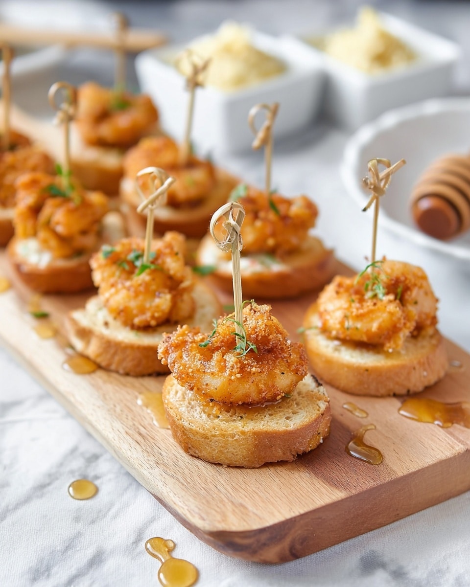 A wooden long tray holds multiple small round toasted bread pieces as the base layer, each topped with a crispy golden-brown fried shrimp layer that has a slightly rough texture and is garnished with small green herbs. Each stack is held together by a thin bamboo skewer with a looped knot at the top. Small drops of amber honey are scattered around the tray on a white marbled surface. In the blurred background, two white square dishes contain creamy spreads, alongside a honey dipper resting on the surface. Photo taken with an iphone --ar 4:5 --v 7