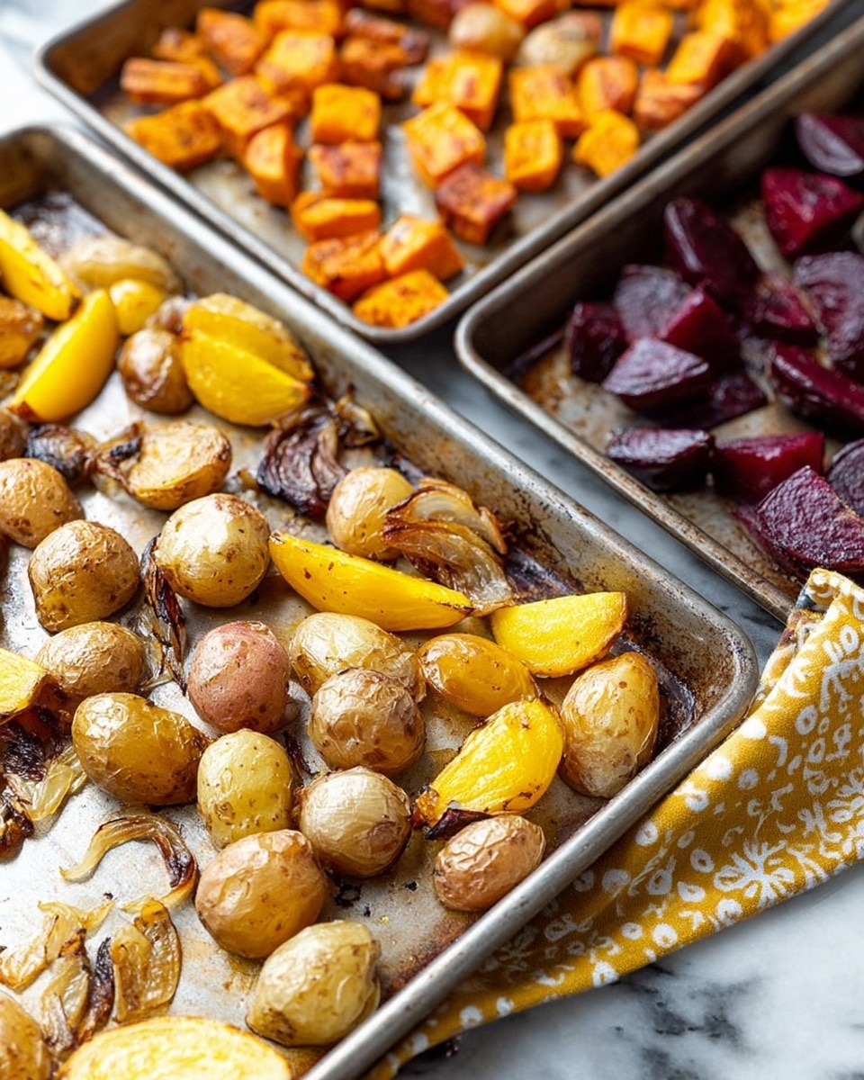 The image shows three metal baking trays filled with roasted vegetables on a white marbled surface. The closest tray holds small roasted potatoes with light brown, wrinkled skins; roasted yellow beet pieces cut into wedges with a smooth surface; and slightly charred, soft caramelized onion pieces scattered among them. The middle tray contains roasted orange sweet potato chunks that have a slightly rough texture and browned edges. The farthest tray has deep purple beet wedges, also roasted and slightly shiny, with some browned edges. A yellow and white patterned cloth is partly visible near the trays. The lighting is natural and bright, highlighting the textures and colors of the roasted vegetables. photo taken with an iphone --ar 4:5 --v 7