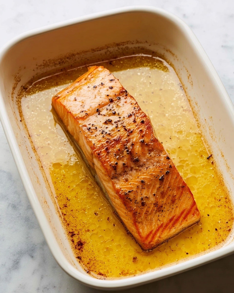 A single piece of cooked salmon lies in the middle of a white rectangular baking dish. The salmon has a browned, slightly crispy top layer with visible grill marks and specks of black pepper. Beneath the salmon is a golden-yellow sauce or liquid that fills the dish's base, showing slight bubbles and a shiny texture. The edges of the sauce catch the light, and the inside of the baking dish has some brown residue from cooking. The image background is a white marbled texture. photo taken with an iphone --ar 4:5 --v 7