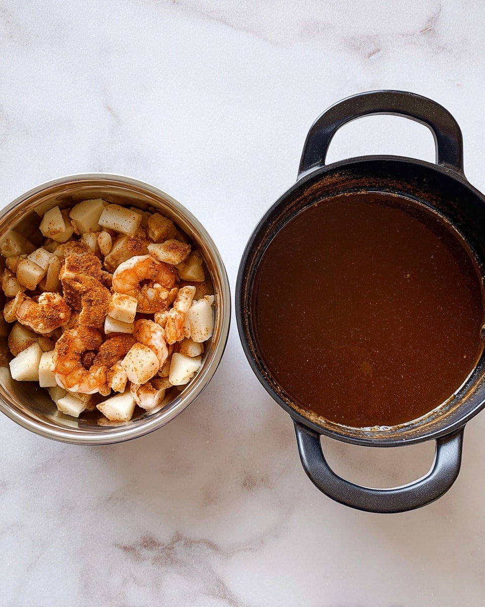 The image shows two separate containers on a white marbled surface. On the left, there is a silver metal bowl holding a mix of small, irregularly shaped pieces of pale white root vegetables and small cooked shrimp that are orange with seasoning. On the right, there is a dark pot with two short handles filled with a smooth, dark brown liquid that fills most of the pot, leaving a thin line around the rim where the liquid has left a slight residue. Both containers are placed side by side with clear visibility of their contents, photo taken with an iphone --ar 4:5 --v 7