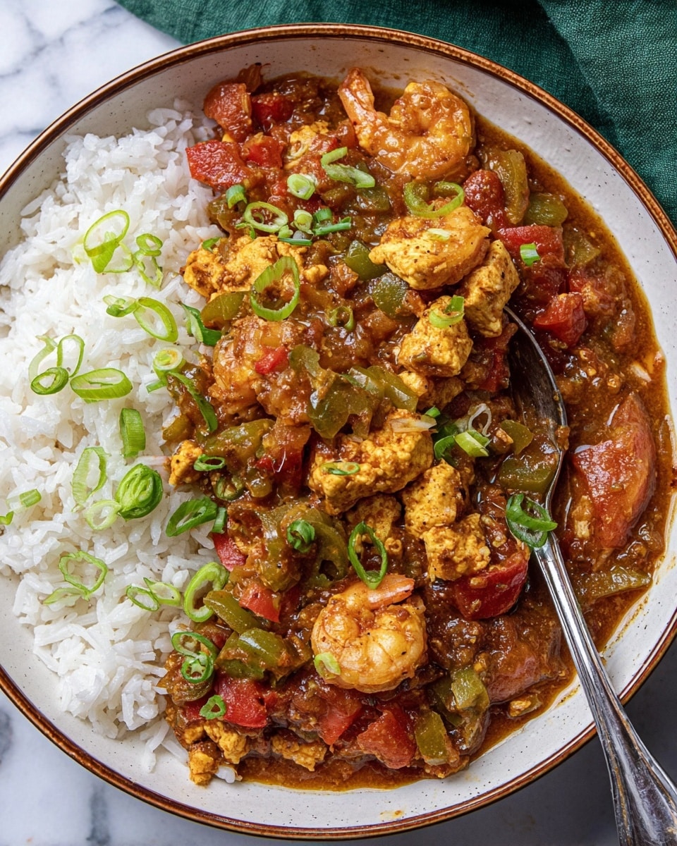The dish shows one layer of white rice on the left side of a white bowl with a brown rim, with soft grains visible. On the right side, there is a thick stew made of golden yellow tofu pieces, small brown shrimp, bright red tomato chunks, and diced green bell peppers. The stew has a shiny, oily brownish-red sauce with bits of onions and spices inside. The stew is garnished with thin slices of fresh green onion sprinkled on top. A metal spoon is partially inside the stew on the right side of the bowl, reflecting light. The bowl sits on a white marbled surface with a green cloth in the background. photo taken with an iphone --ar 4:5 --v 7