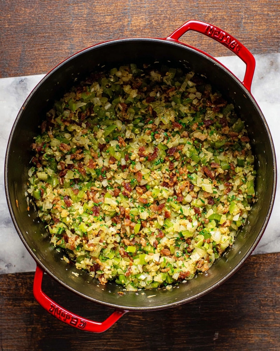 A round black pot with two red handles holds a sautéed mix of finely chopped green bell peppers, onions, and browned small pieces of bacon scattered evenly throughout the mixture. The colors are mainly light green from the peppers and herbs, pale yellow from the cooked onions, and golden-brown bits of bacon. The sautéed ingredients cover the entire inside base of the pot, creating a textured, colorful layer. The pot rests on a white marbled surface. photo taken with an iphone --ar 4:5 --v 7