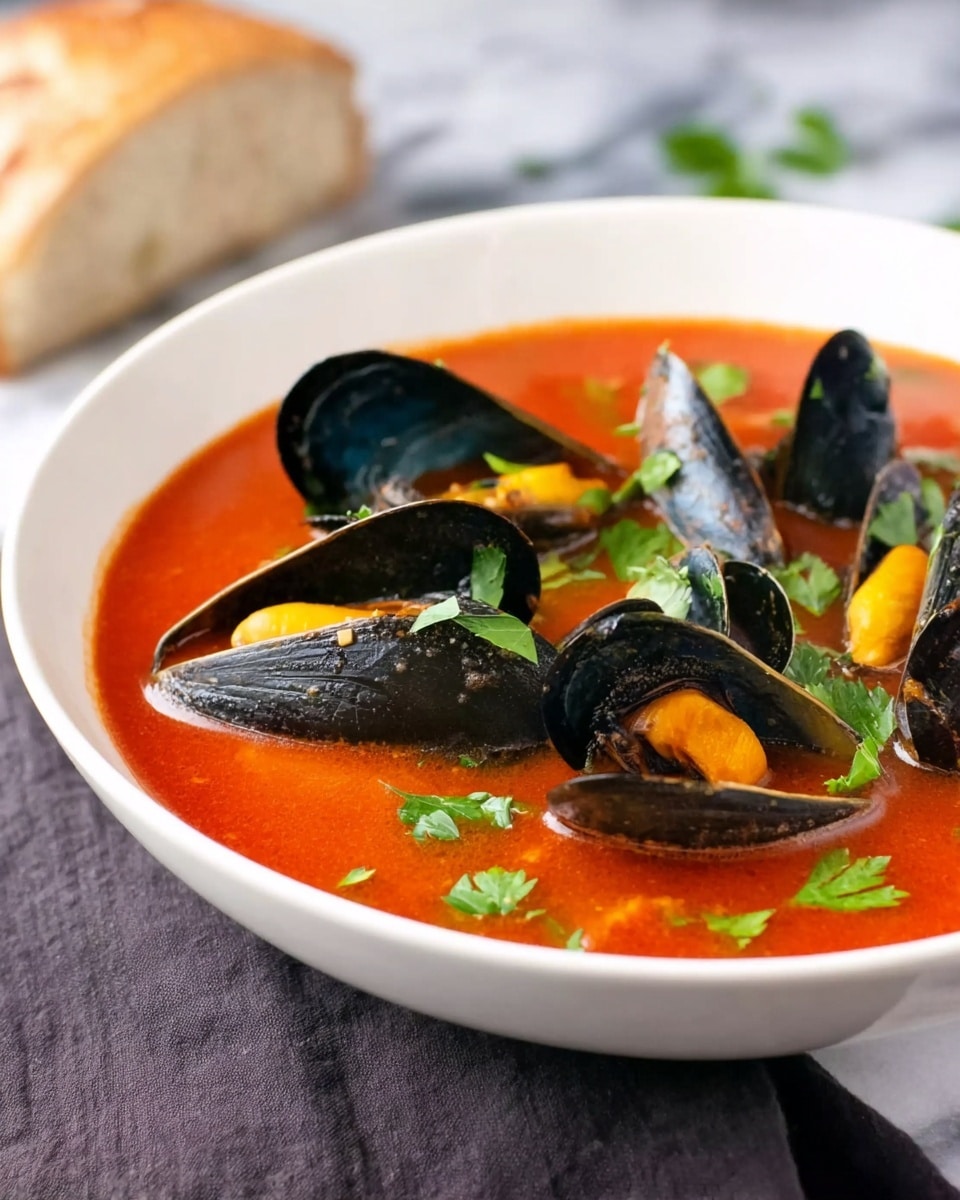 A white bowl filled with bright red tomato soup sits on a white marbled surface. The soup has several black mussels open, showing their yellow-orange meat inside, scattered on top and partly submerged. Green flat parsley leaves are sprinkled over the soup, adding a fresh touch. In the background, a piece of white bread is blurred and partly visible. The bowl rests on a folded dark cloth. Photo taken with an iphone --ar 4:5 --v 7
