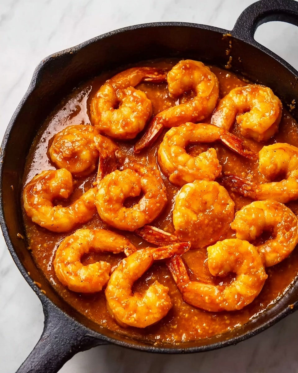 The image shows a black cast iron pan filled with cooked shrimp in a rich, orange sauce. The shrimp are arranged in a single layer, all curled and coated evenly with the sauce that has a slightly shiny texture. The pan sits on a white marbled surface, and the shrimp appear plump and juicy with a uniform bright orange color from the sauce. The pan handle is visible on the left side of the image. Photo taken with an iphone --ar 4:5 --v 7
