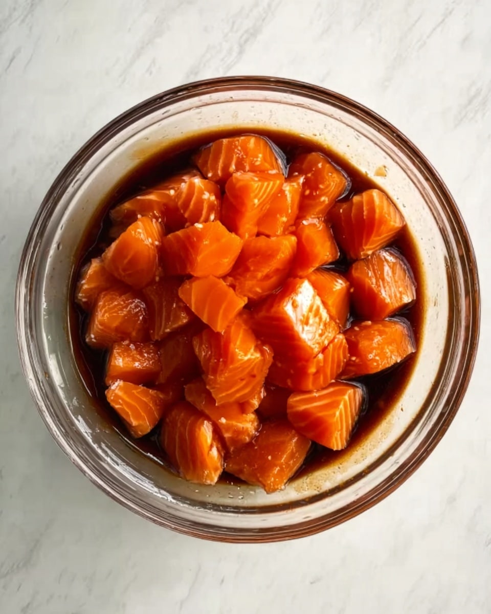 A top view of a clear glass bowl filled with small, evenly cut orange pieces of raw salmon soaked in a dark brown sauce that partially covers the salmon chunks. The bowl is placed on a white marbled surface, showing the glossy texture of the fish and the thickness of the sauce. photo taken with an iphone --ar 4:5 --v 7