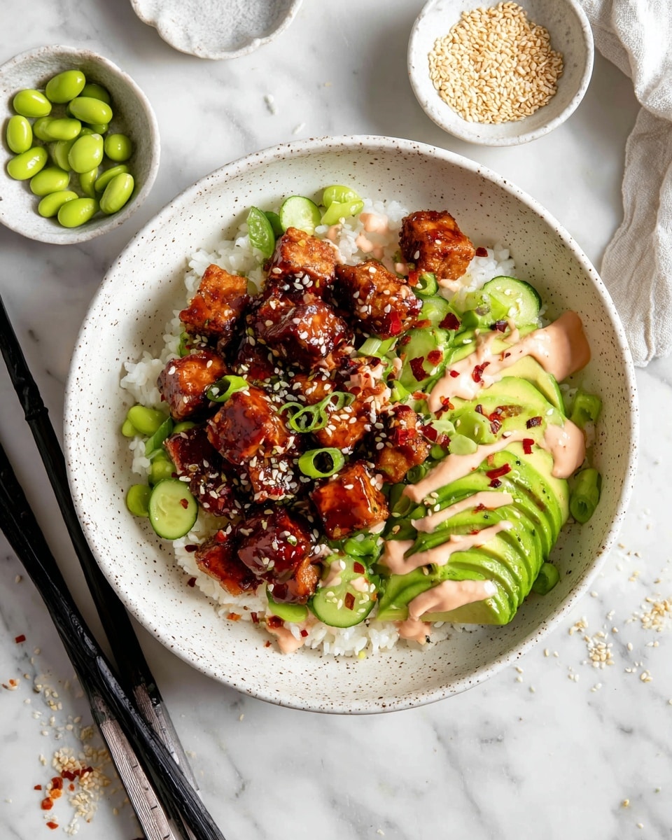 A bowl of white rice forms the base layer, topped with dark brown glazed tofu cubes scattered with white sesame seeds. Bright green edamame beans and thin slices of cucumber add fresh color around the tofu. On one side, slices of creamy avocado are layered, drizzled with a light pink sauce, which is also splashed over the tofu. Small red chili flakes are sprinkled over the dish, adding contrast. The food is served in a white speckled bowl set on a white marbled surface, with black chopsticks placed on the left side and small white bowls with sesame seeds and chili flakes in the background. Photo taken with an iphone --ar 4:5 --v 7