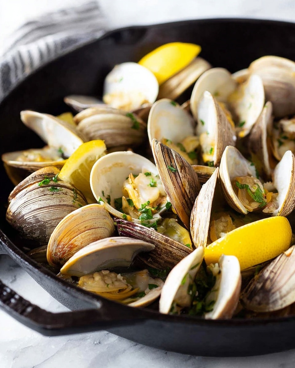 This image shows a black cast iron pan filled with open clams that have a light beige shell with brown stripes. The clams are mixed with bright yellow lemon wedges and small bits of green herbs scattered on top. The pan is placed on a white marbled surface. The light shines on the clams making their texture clear and shiny, showing the soft meat inside some of the shells. photo taken with an iphone --ar 4:5 --v 7