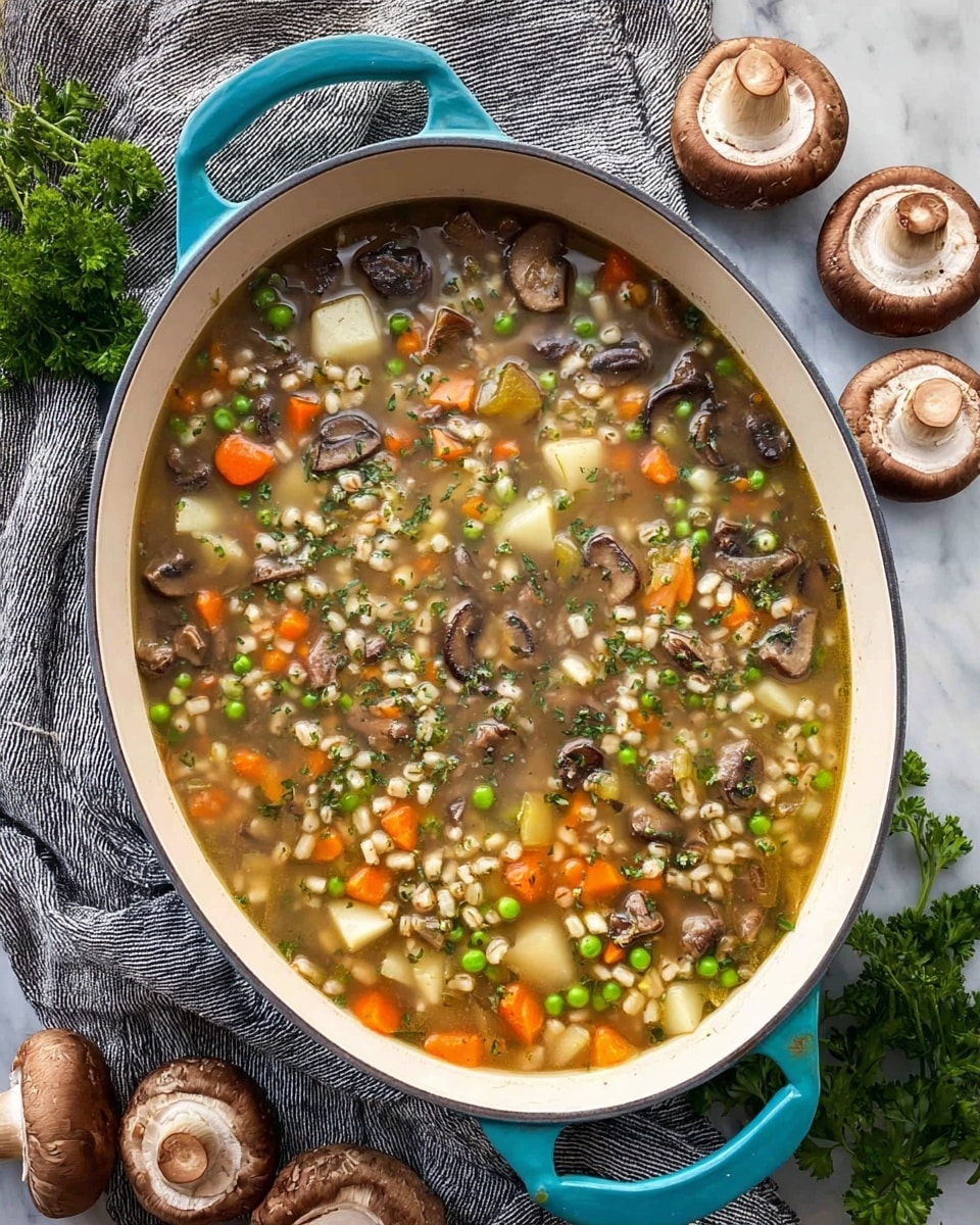 A large white oval pot with turquoise handles sits on a white marbled surface, filled with a colorful soup that has several layers of ingredients. The soup is clear broth with small chunks of dark brown mushroom slices, light beige barley, bright orange carrot pieces, green peas, and small white potato cubes dispersed throughout. Bits of green herbs float on top, adding freshness. Surrounding the pot are whole brown mushrooms, sliced mushrooms, and fresh parsley on a gray striped cloth, enhancing the fresh and healthy feel. photo taken with an iphone --ar 4:5 --v 7