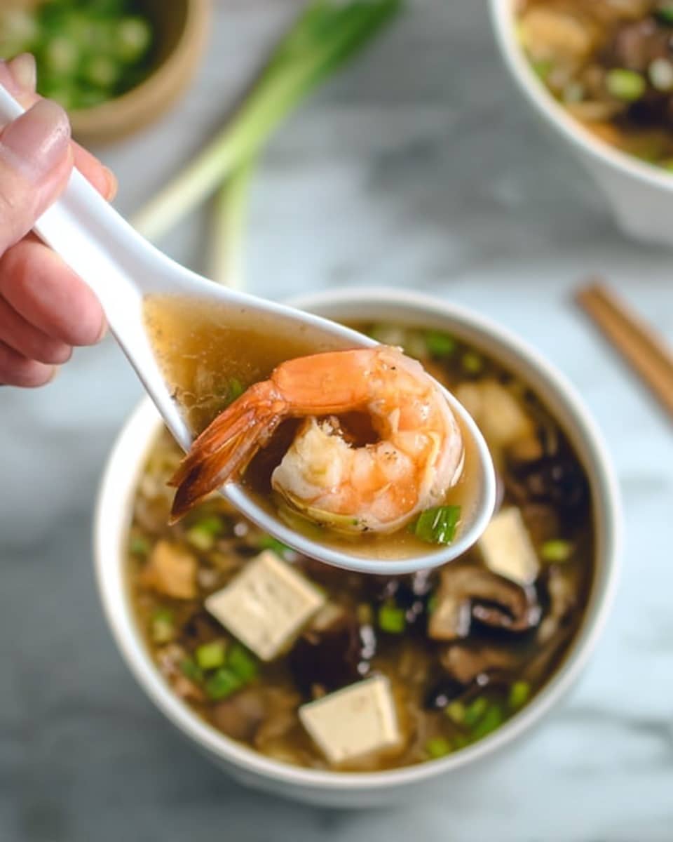 A close-up view of a white spoon held by a woman's hand, lifting a spoonful of clear soup with a light brown broth. The spoon contains one orange-pink shrimp with a curled shape, light brown tofu chunks, dark brown mushrooms, and small bright green sliced scallions floating in the broth. The background shows a white bowl filled with the soup, placed on a white marbled surface with green scallions and another bowl blurred around it. photo taken with an iphone --ar 4:5 --v 7