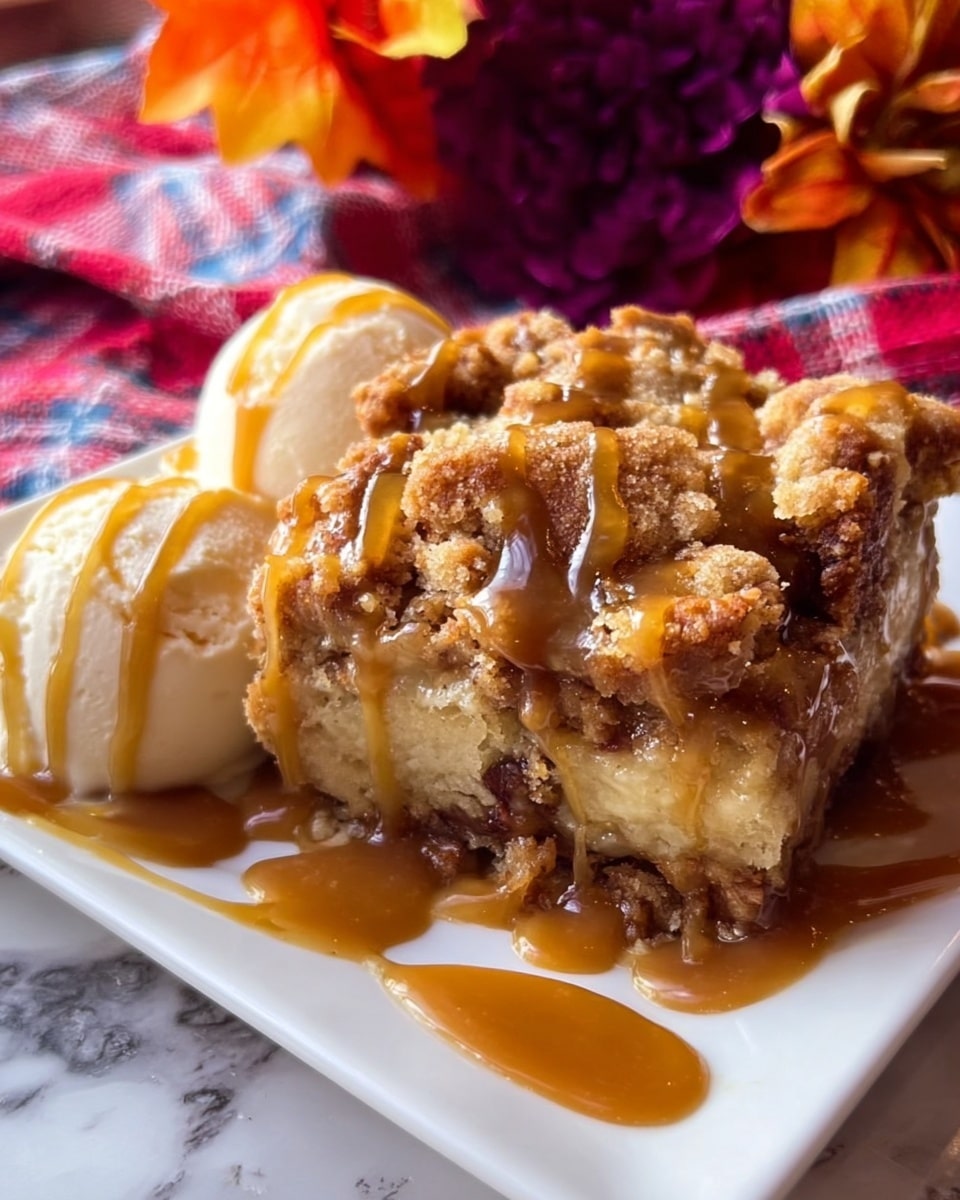 A white square plate holds a piece of dessert with three visible layers: a crumbly top layer of golden brown streusel with small chunks, a middle layer of lighter beige soft cake, and a bottom layer that looks moist and nutty with dark brown bits. The dessert is covered in glossy light brown caramel sauce that drips slightly down the sides. Next to the dessert is a scoop of creamy off-white ice cream also drizzled with caramel. The plate sits on a white marbled surface, and a red and white checkered cloth along with fall leaves and flowers in orange and purple colors are in the background. photo taken with an iphone --ar 4:5 --v 7