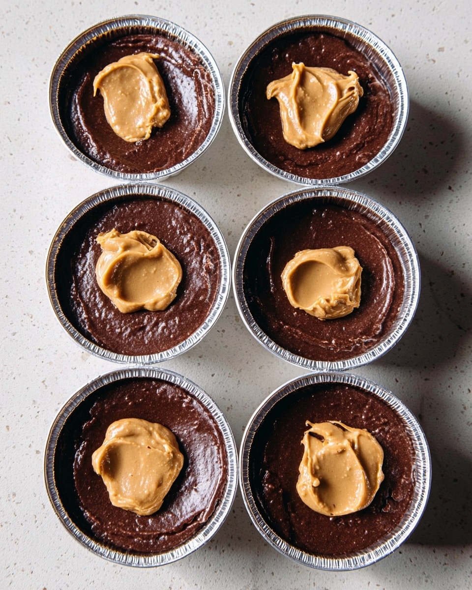 Five small round silver foil containers are filled with a dark brown smooth chocolate batter. Each container has a single thick dollop of light brown peanut butter placed on top in the center, contrasting with the dark chocolate. The containers are placed directly on a white marbled textured surface, arranged in a loose circle with three at the top and two at the bottom. The chocolate batter looks thick and shiny, while the peanut butter appears creamy and slightly textured. The photo taken with an iphone --ar 4:5 --v 7