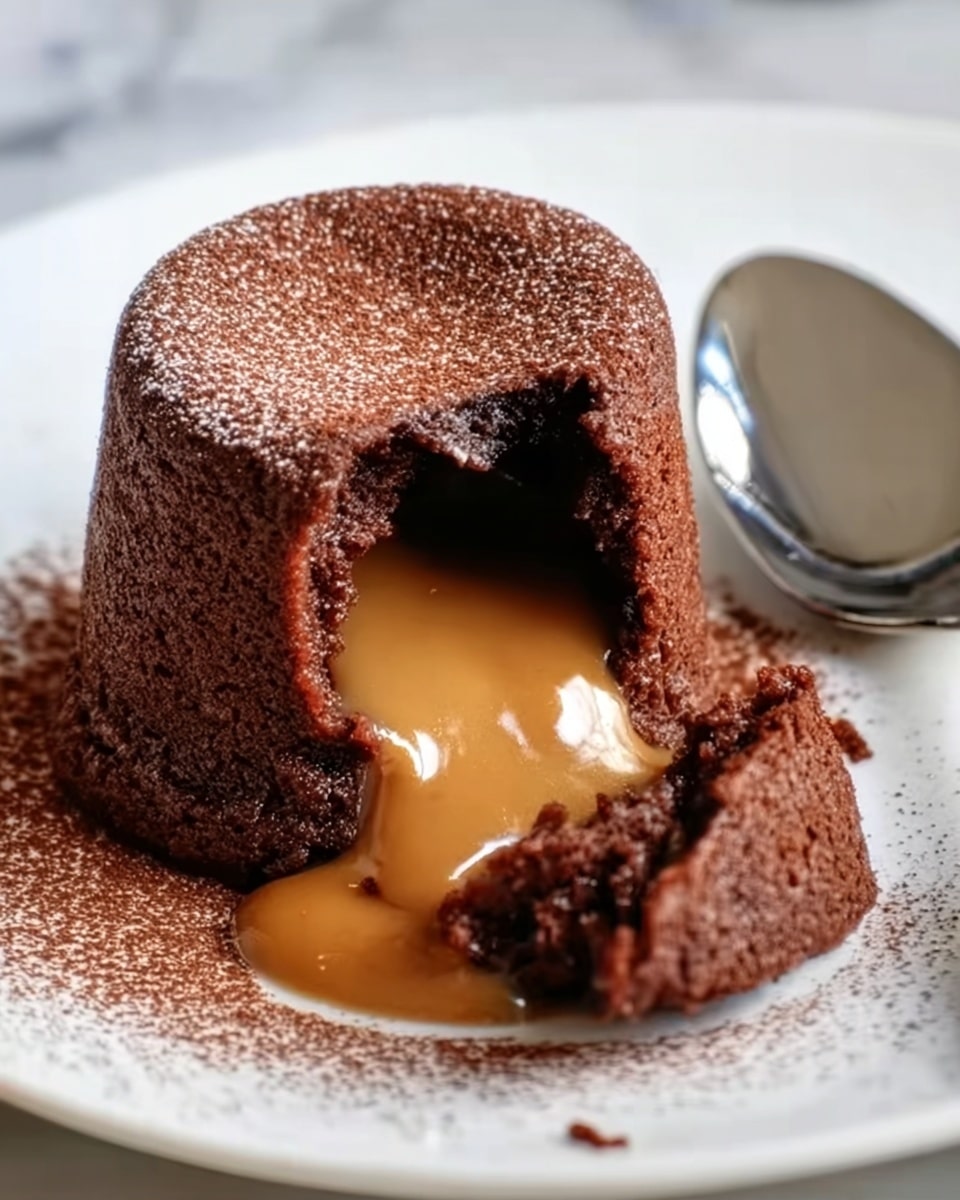 A close-up of a small round chocolate cake with a soft, dark brown outer layer that looks moist and rich. The cake is placed on a white plate on a white marbled surface. The top is smooth with a slight dome shape, dusted lightly with cocoa powder around it. The front side of the cake is broken open, showing thick melted caramel and dark chocolate flowing out from the center, spreading onto the plate. A shiny silver spoon lies beside the cake on the right side of the plate. Photo taken with an iphone --ar 4:5 --v 7