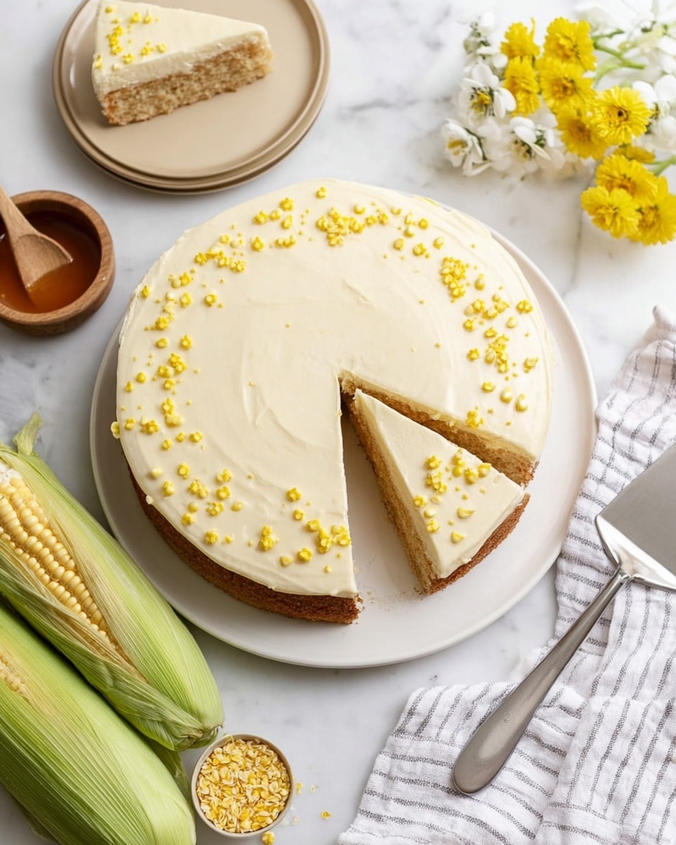 A round cake with one slice taken out sits on a white plate on a white marbled surface. The cake has two layers: a light brown crumbly base layer topped with a thick, smooth, creamy pale yellow frosting layer. Small round yellow sprinkles are scattered across the top frosting layer. Next to the plate on the white marbled surface are an ear of corn with green husks, a small brown bowl with honey, a tan plate with a piece of cake, and a metal cake serving spatula resting on a white and gray striped cloth. Yellow flowers and cornmeal are visible in the background. Photo taken with an iphone --ar 4:5 --v 7