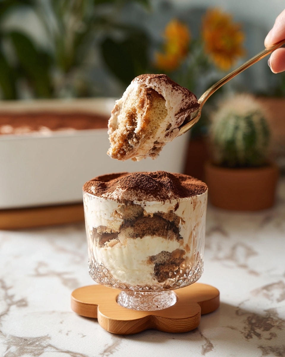 A clear glass dessert cup with raised patterns stands on a small wooden flower-shaped coaster, filled with three visible layers of tiramisu. The bottom layer is a light brown soaked cake, soft and moist, followed by a thick creamy white layer in the middle, and topped with another cake layer covered with dark brown cocoa powder dusting. A woman's hand holds a spoon above the cup, lifting a scoop of the tiramisu showing the creamy inside and cake textures. The background shows a white marbled texture with blurred green plants and a white baking dish of tiramisu. photo taken with an iphone --ar 4:5 --v 7