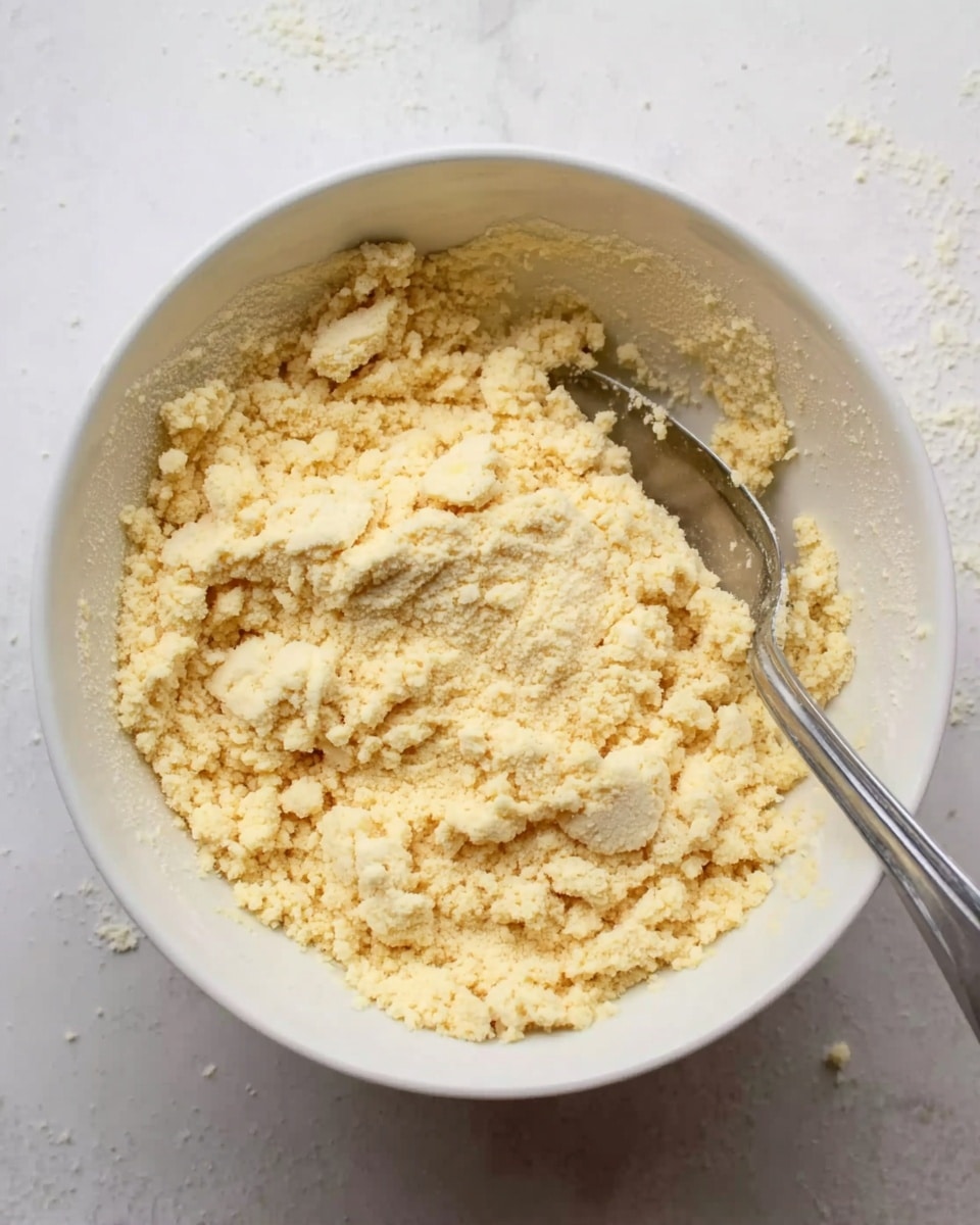 A white bowl sits on a white marbled surface, filled with a crumbly, light yellow mixture that looks soft and uneven in texture. A metal spoon rests on the right side inside the bowl, partially buried in the mixture which has small and larger clumps spread across the bowl’s surface. The scene shows a simple close-up with soft natural light highlighting the texture of the mixture and the clean white bowl. Photo taken with an iphone --ar 4:5 --v 7