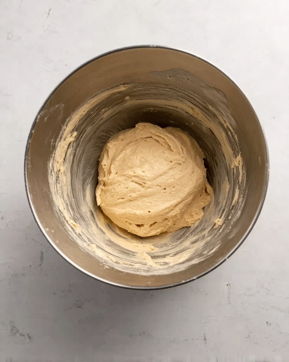 A metal mixing bowl contains a smooth, light beige dough or batter sitting in the middle. The dough has a soft, creamy texture with some air bubbles visible on the surface. The sides of the bowl show streaks of the dough where it has been mixed, creating a slightly messy but fresh look. The background is a white marbled surface, giving a clean and bright setting. photo taken with an iphone --ar 4:5 --v 7