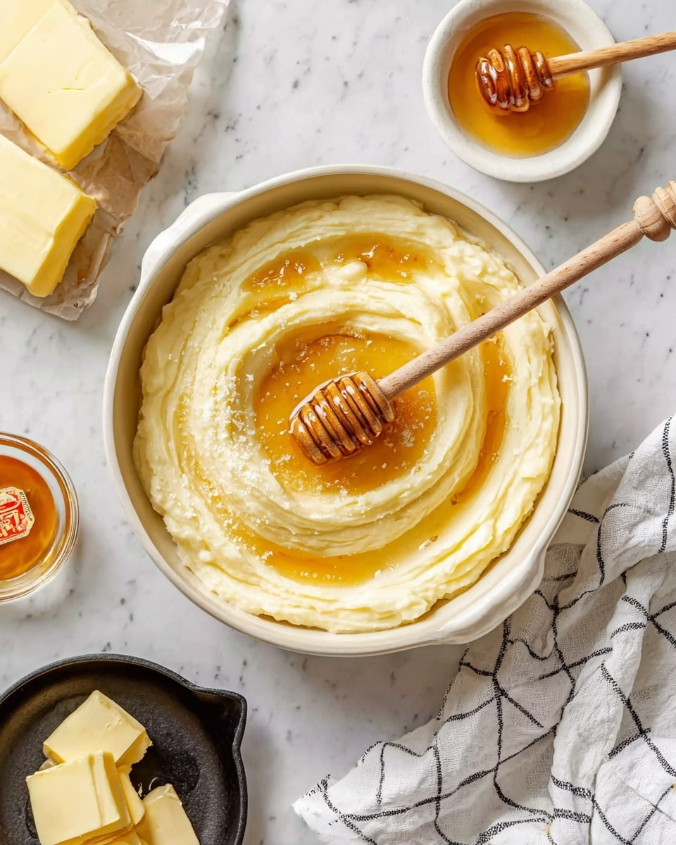 A white bowl filled with creamy, pale yellow mashed potatoes that have a smooth and fluffy texture, swirled in a circular motion. A light golden honey-like syrup is drizzled generously on top, pooling slightly in the center. A wooden honey dipper rests diagonally inside the bowl, partially covered in the syrup and potatoes. Surrounding the bowl, there are sticks of pale yellow butter, a small black pan with melted butter, a small white bowl with honey and a wooden dipper inside, and a white marbled surface underneath. A white and black checkered cloth is partially visible on the right side. photo taken with an iphone --ar 4:5 --v 7