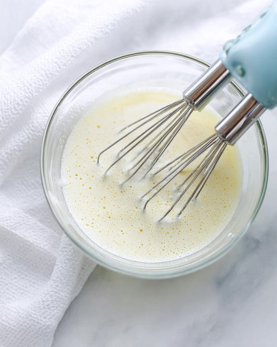 A clear glass bowl filled halfway with a light yellow frothy liquid that has small bubbles all over its surface, two silver metal beaters from a light blue electric hand mixer resting inside the bowl, all set on a white marbled surface with a white cloth blurred in the background, photo taken with an iphone --ar 4:5 --v 7