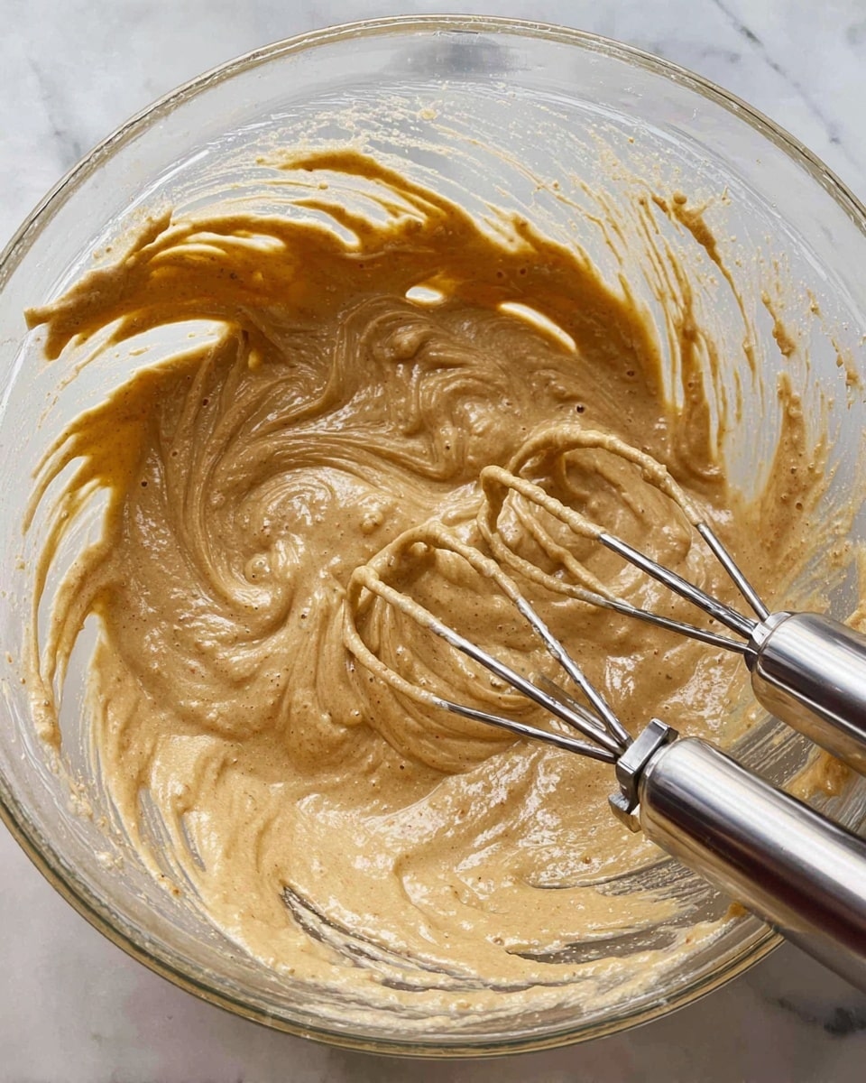 A clear glass bowl filled with a thick, creamy light brown batter textured with small air bubbles, swirled with peaks and smooth waves. Two metal beaters from an electric mixer are partially submerged in the batter, showing some batter clinging to their blades. The bowl edges have traces of batter spread thinly around them. The scene rests on a white marbled surface. photo taken with an iphone --ar 4:5 --v 7