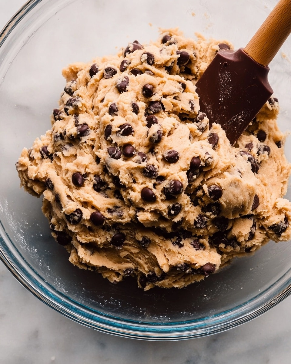 A clear glass bowl filled with thick, chunky cookie dough mixed with many dark brown chocolate chips is shown from above. A brown spatula with a wooden handle is resting inside the dough on the right side, partly covered by the dough. The cookie dough has a light brown color and a soft, rough texture. The background is a white marbled surface. photo taken with an iphone --ar 4:5 --v 7