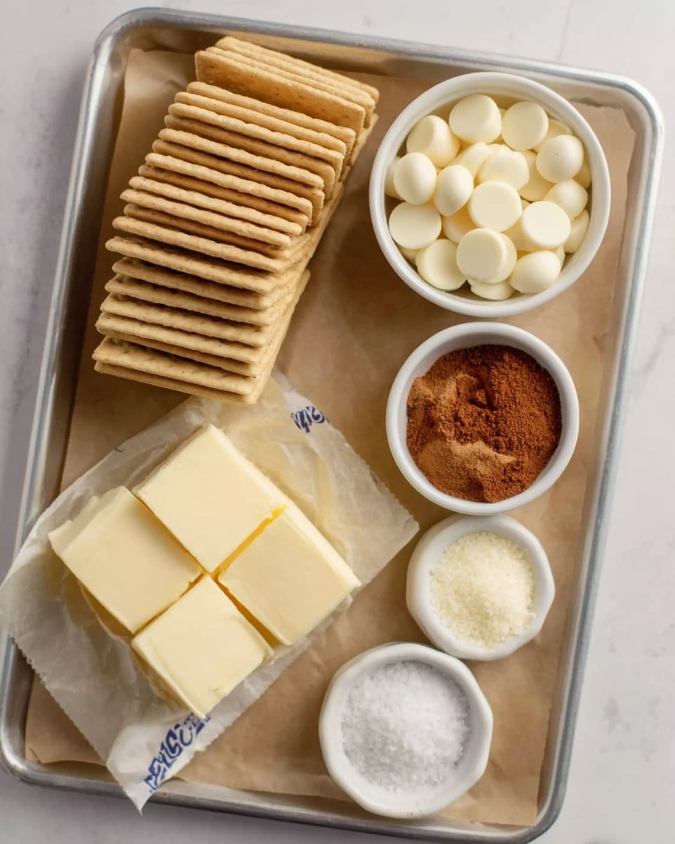 The image shows a metal tray with a brown parchment paper on a white marbled surface. On the tray, there is a stack of light golden rectangular crackers on the left side. To the right, there are four small white bowls: the top one filled with light brown sugar, the middle one full of white chocolate discs, and the bottom one containing a reddish-brown powder, probably cinnamon. In front of these bowls, there are three thick cubes of pale yellow butter resting on a butter wrapper. Next to the butter cubes, there is a small pile of white granulated sugar. Photo taken with an iphone --ar 4:5 --v 7