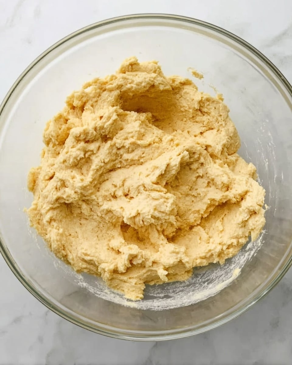 A clear glass bowl containing a thick, creamy dough mixture with a light yellow color and a slightly grainy texture. The dough fills most of the bowl, showing rough, uneven peaks and small air pockets across the surface. The bowl is placed on a white marbled surface. photo taken with an iphone --ar 4:5 --v 7