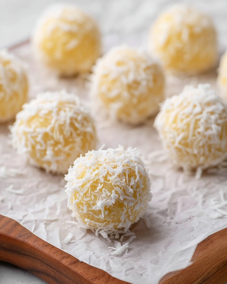 The image shows a close-up of seven small round balls, each covered with white shredded coconut flakes. The balls are light yellow underneath the coconut layer, making a soft and textured look. They are placed on crinkled white parchment paper that rests on a wooden board. The background has a soft white marbled texture. The focus is mainly on the two balls in the front, with the rest softly blurred behind them photo taken with an iphone --ar 4:5 --v 7
