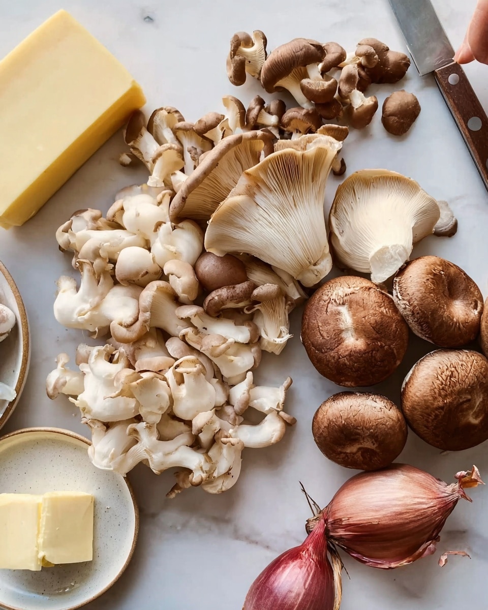 The image shows a white marbled surface with various fresh mushrooms spread across it, including light beige oyster mushrooms, small and medium-sized brown shiitake mushrooms, and large round brown button mushrooms on the right side. At the top left, part of a yellow cheese block and a white plate with a slice of butter are visible. Two shallots with reddish-purple skin lie at the bottom right corner. There is also a woman's hand holding a knife at the top right corner, near another kitchen item. photo taken with an iphone --ar 4:5 --v 7