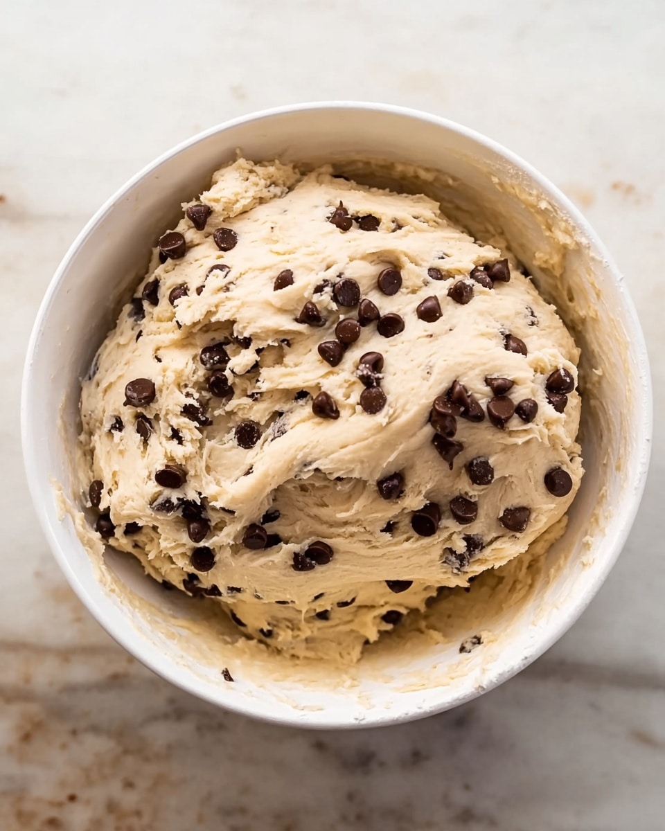 A white bowl filled with light beige dough that is soft and stretchy, covered with scattered dark brown chocolate chips. The dough looks thick with some sticky strands pulling slightly inside the bowl. The bowl is placed on a white marbled surface. photo taken with an iphone --ar 4:5 --v 7