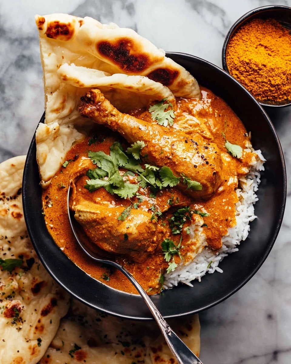 A black bowl holds a layered dish with white rice at the bottom, topped with a thick, orange curry sauce covering pieces of chicken, including a drumstick and sliced pieces. Fresh green cilantro leaves are scattered on top. Two pieces of browned naan bread are placed inside the bowl, leaning over the edge. A silver spoon rests in the bowl, partially submerged in the curry. Around the bowl, pieces of naan bread are placed on a white marbled surface, along with a small bowl filled with orange spice powder. Photo taken with an iphone --ar 4:5 --v 7