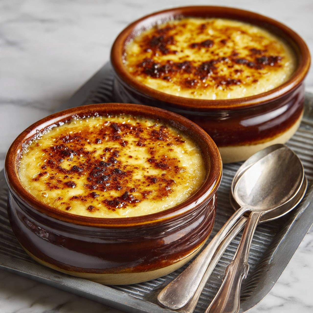 The image shows two brown ceramic bowls filled with a creamy dish topped with a golden, slightly browned, melted cheese layer. The cheese layer has a smooth texture with some small bubbles and browned spots, creating a rich, appetizing look. Each bowl sits on a gray ribbed baking tray placed on a white marbled surface. In the foreground, beside the tray, there are shiny silver spoons stacked together. The bowls have a layered color pattern with darker brown on top and creamy beige at the bottom. Photo taken with an iphone --ar 4:5 --v 7