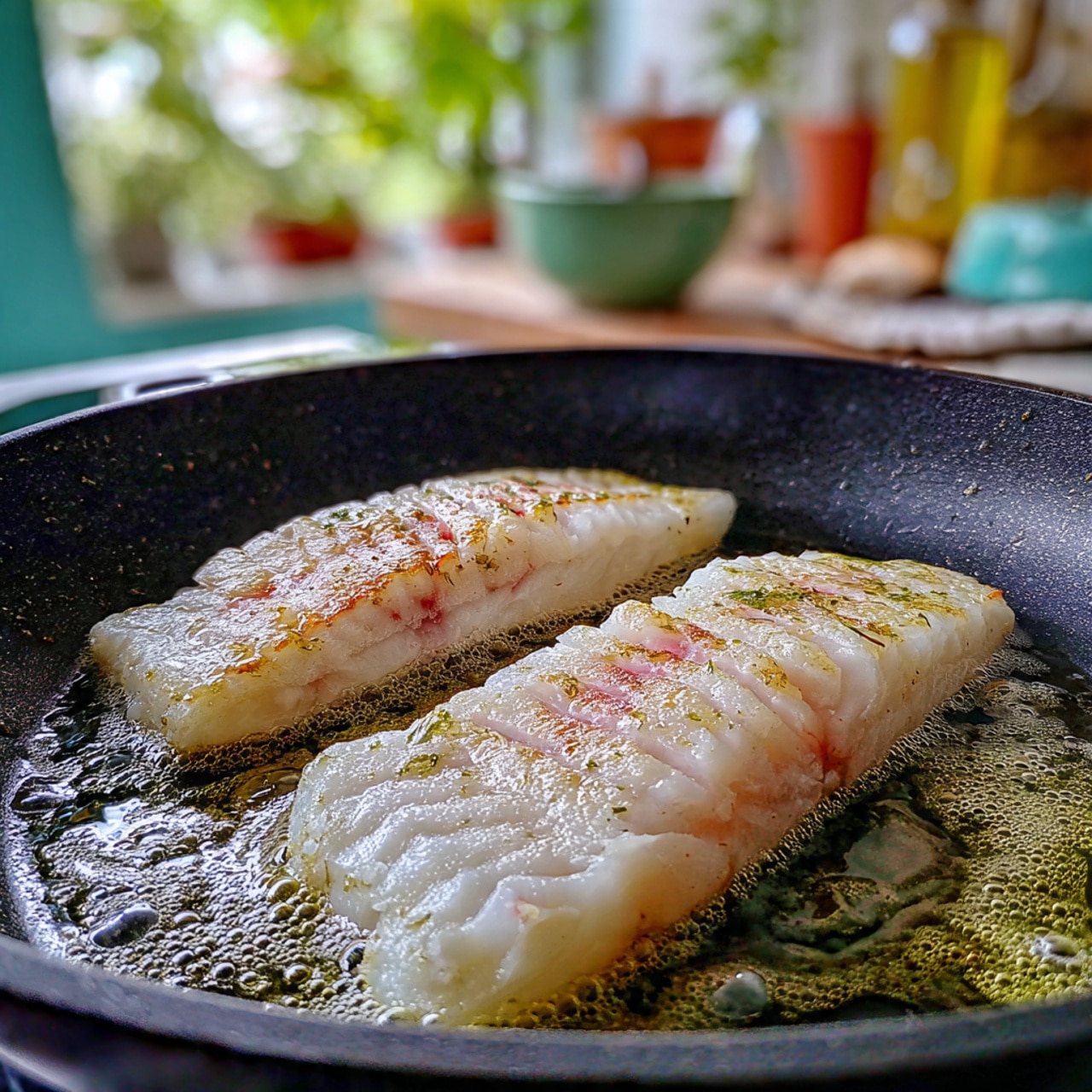Two white fish fillets are cooking in a black non-stick frying pan. Each fillet has a smooth, slightly shiny surface with faint pinkish-orange lines running along the length. The fillets are thick, with soft curves and subtle ridges on top. Small bubbles of oil or water can be seen around the fillets on the pan's surface. The background shows parts of kitchen surroundings in soft focus. photo taken with an iphone --ar 4:5 --v 7