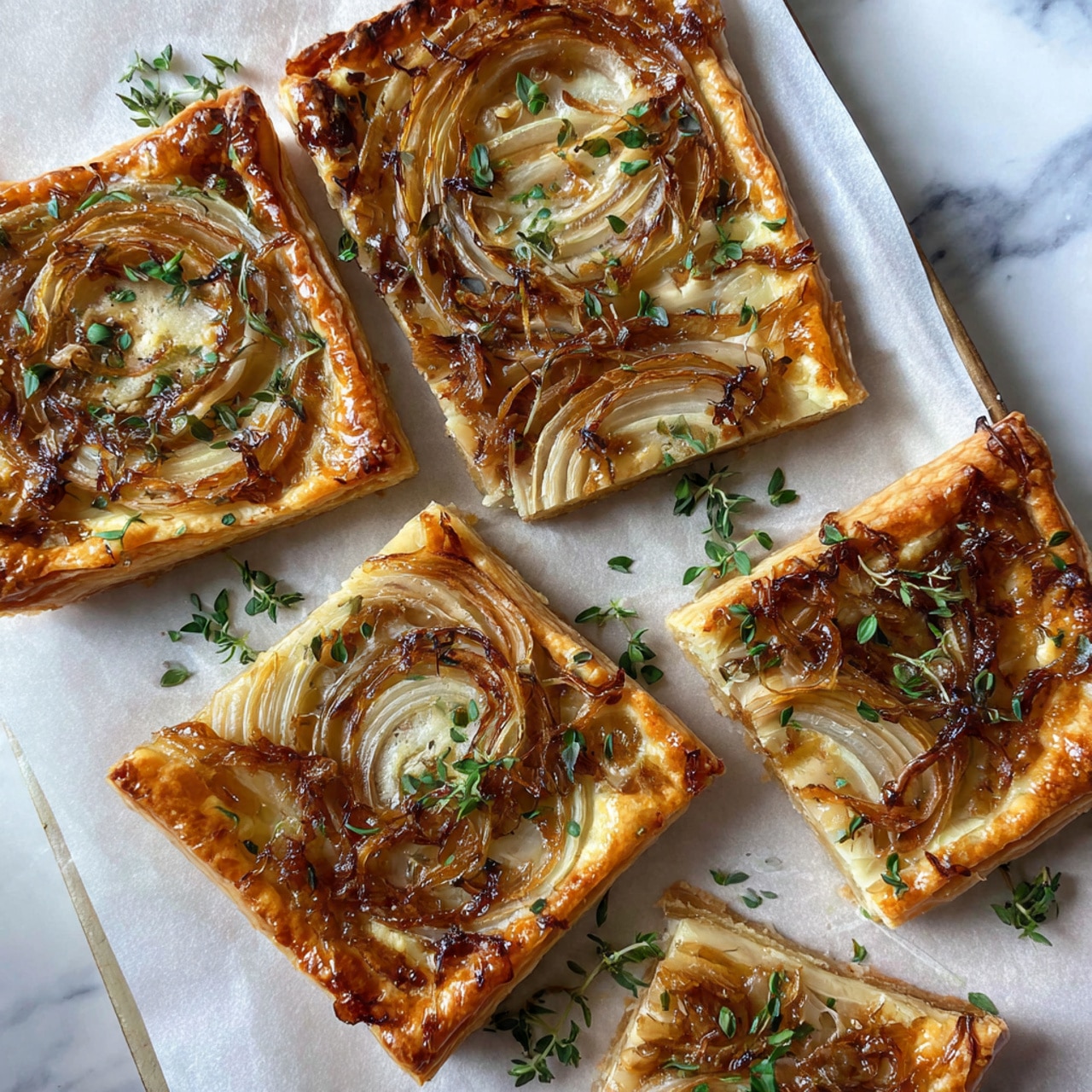The image shows a rectangular tart cut into 12 square pieces arranged in a 3 by 4 grid on parchment paper. Each square has a golden brown flaky crust base with multiple thin layers. On top are curved, caramelized slices of onion layering each piece, showing soft yellow to light brown colors with some darker browned spots. Green chive pieces are sprinkled lightly over the tart, adding small pops of color. The parchment paper sits on a wooden surface, but the background should be imagined as a white marbled texture. The tart looks slightly crispy and rustic. photo taken with an iphone --ar 4:5 --v 7