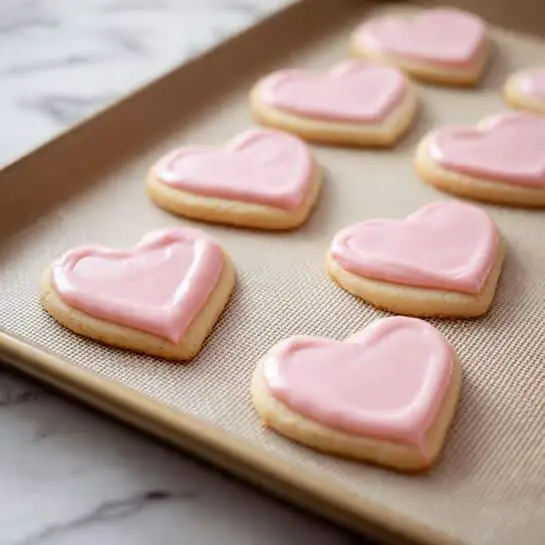 The image shows nine heart-shaped cookies arranged in three rows of three on a baking sheet lined with a light beige silicone mat. Each cookie has a smooth, light beige base with a layer of soft pink icing spread evenly on top, following the heart shape closely. The texture of the cookies appears soft and slightly crumbly, while the pink icing looks creamy and smooth. The background beneath the baking sheet features a white marbled surface. photo taken with an iphone --ar 4:5 --v 7
